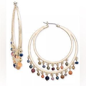 Metallic Gold-tone Large Mixed Bead Double-row Hoop Earrings